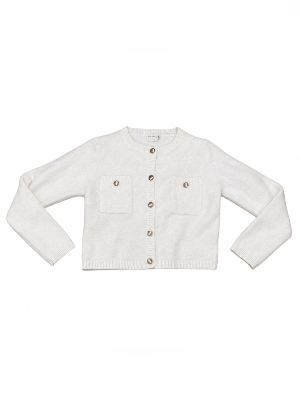 Dreamers by Debut Ivory Fuzzy Gold Button Cardigan Sweater M